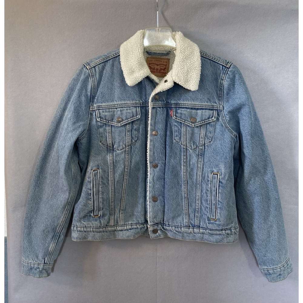 Levis Jacket Youth Large Blue Sherpa Lined Denim Trucker Fleece Collar Winter